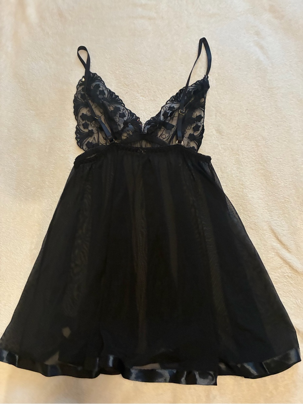 2 piece Black Lace & Mesh Chemise Nightdress with robe - Women's Intimates